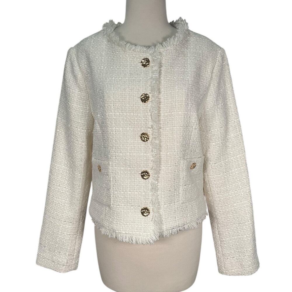 Rachel Zoe White Tweed Fringe Blazer Jacket Gold Buttons Large Quiet Luxury
